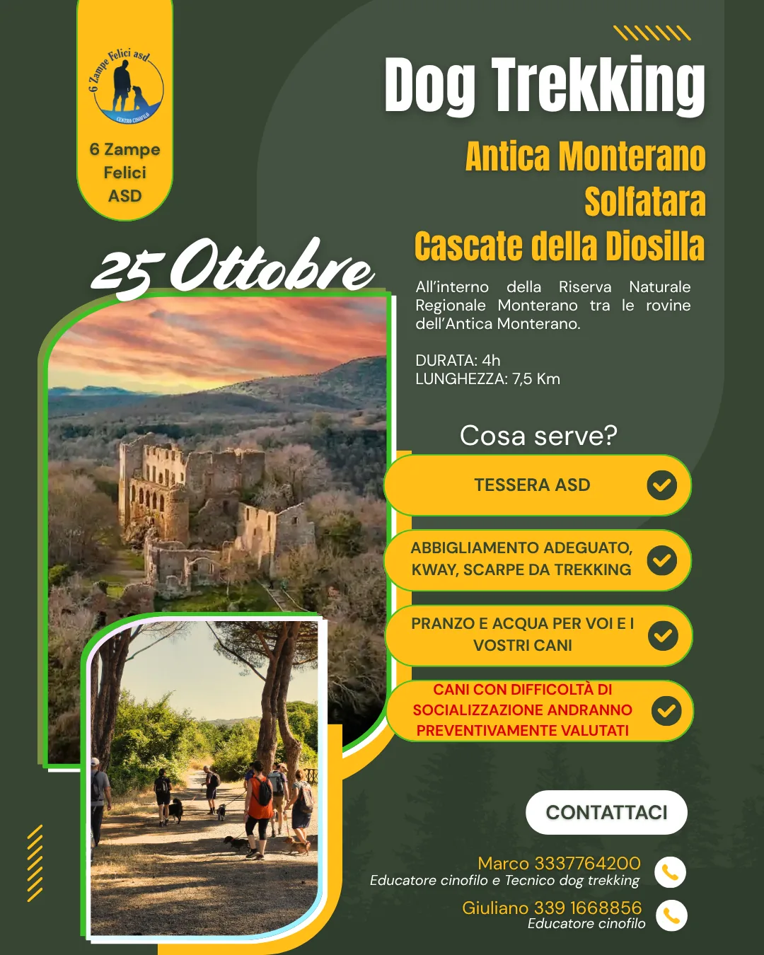 Locandina Dog Trekking Antica Monterano, Solfatara e Cascate della Diosilla del 25 ottobre